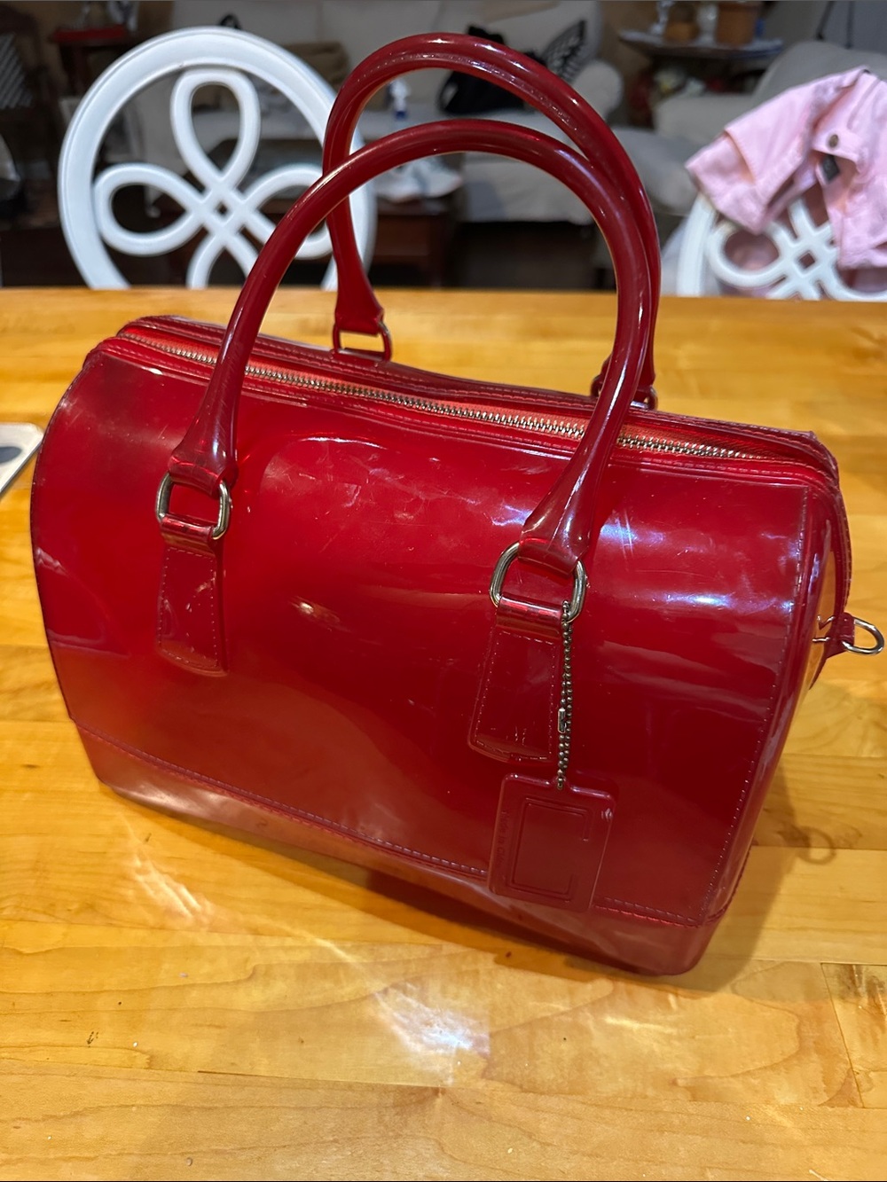 Women’s Glossy jelly Boston  Satchel Handbag  pink red color
